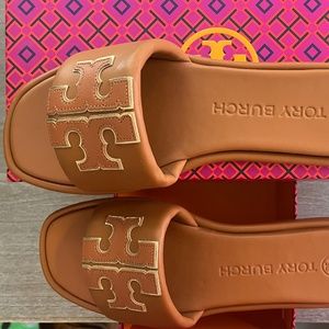 NEW! Tory Burch Double T Sport Slide - Tan/Gold